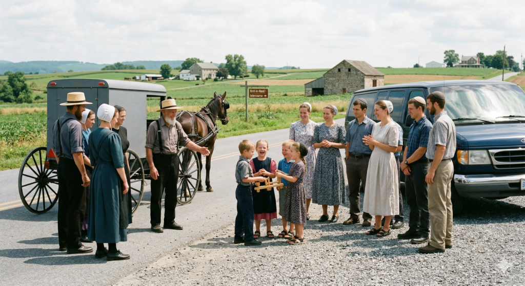 Esta imagen captura un encuentro entre una comunidad Amish y una comunidad menonita en un entorno rural.